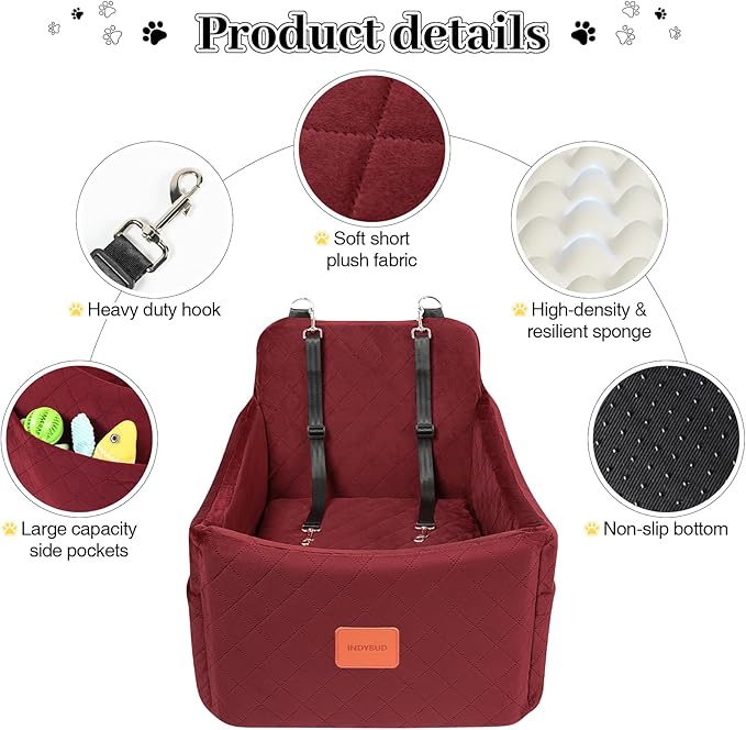 Dog Booster Car Seat for Dogs up to 35lbs, Safety Pet Car Seats with Anti-Slip Bottom, Travel Booster Dog Bed with 2 Storage Pockets (Wine Red, Medium)