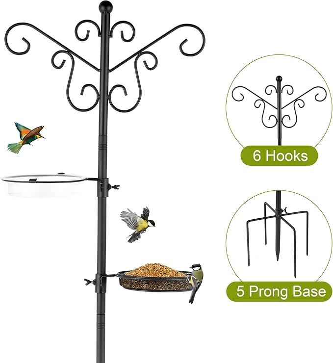 MIXXIDEA Bird Feeding Station Bird Feeder Pole with 5-Prong Base Hanging Hooks Water Bath Mesh Tray Wind-Resistant Water Bowl with Metal Snap Fastening for Outdoors to Attract Wild Birds