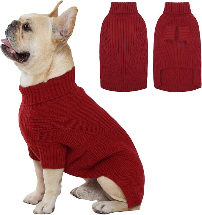 Dog Medium Sweater, Winter Christmas Sweater for Dogs, Solid Color Classic Cable Knit Clothes for Cold Weather, Warm Turtleneck Knitwear Short Sleeves for Outdoor Playing