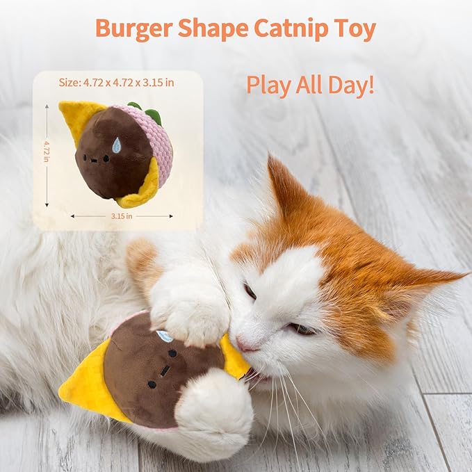 Cat Toy Burger Shape, Fun Kick and Toss Catnip Toy with Crinkle Sound, Includes Catnip & Silvervine Powder (5g+5g) + 5 Reusable Pouches, Gift for Indoor Cats