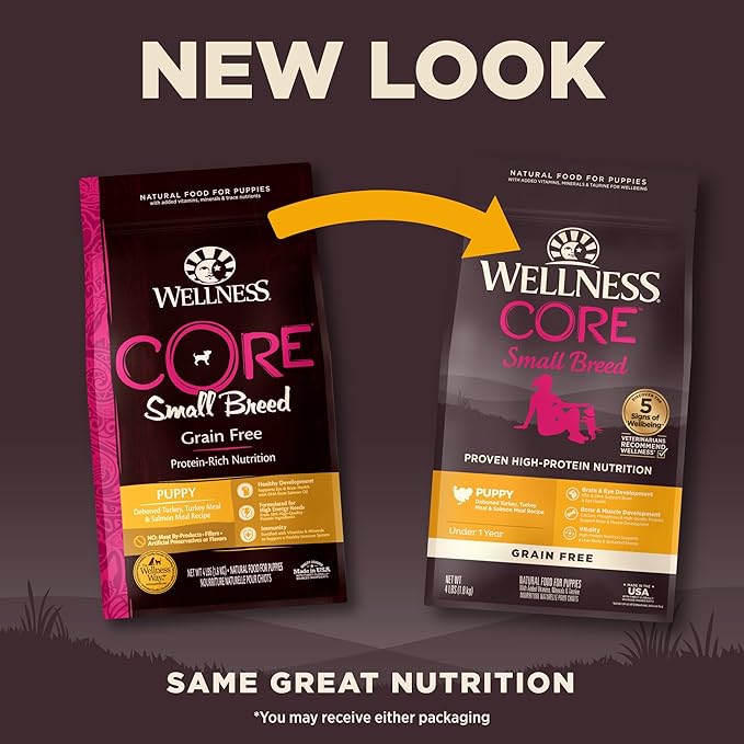 Wellness CORE Puppy Dry Dog Food, Small Breed, Grain-Free, High Protein, Natural, Turkey & Salmon Recipe, (4-Pound Bag)