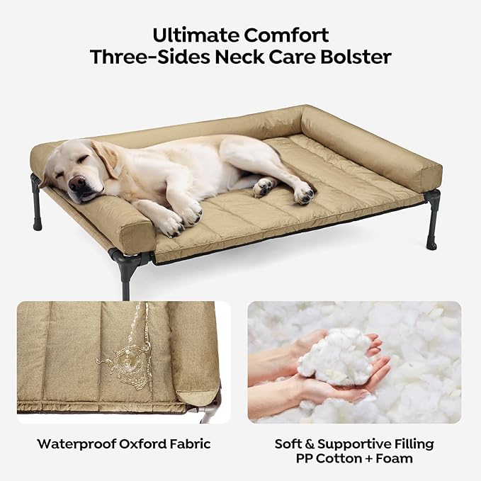 Veehoo Cooling Elevated Dog Bed Add Removable Waterproof Bolster Cushion Mat, Raised Pet Cot with Breathable Teslin Mesh, No-Slip Feet, Dog Couch Bed for Indoor Outdoor, 42x30inches, Beige, CWC2331B