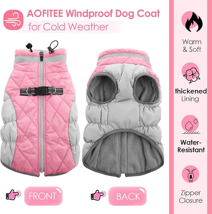 AOFITEE Dog Coat, Warm Dog Winter Coat, Reflective Turtleneck Large Dogs Jacket with Harness Built in, Turtleneck Pet Winter Jacket, Waterproof Pet Snow Jackets Fleece Vest, Pink XL