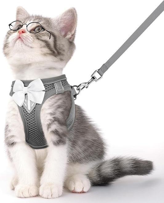 Cat Vest Harness and Leash Set for Walking Escape Proof, Adjustable Kitten Harness Breathable Mesh with Reflective Strips Harness for Kitty Puppy Bunny (Grey,XS)