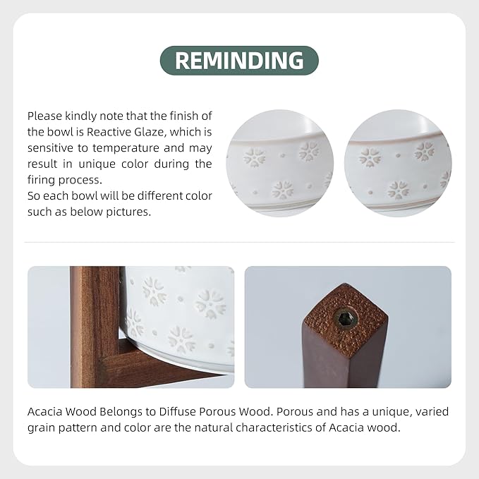 Ceramic 6.1inch Raised Dog and Cat Bowl Set, 2 Heights Elevated with Acacia Wood Stand, Food and Water Bowl for Small Breed Dogs, Weighted Dog Dishes(27oz, Arctic White)