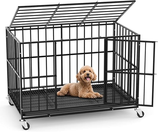 38 in Heavy Duty Dog Crate Steel Escape Proof, Indoor Double Doors and Lockable Wheels,Removable Tray, for Small and Medium Dog Breeds