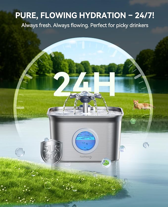 Stainless Steel Cat Water Fountain for Drinking with 3 Filters, 2.8L Auto Pet Drinking Fountain for Cats with 20dB Ultra-Quiet Pump, 24/7 Circulation Filtration LED Water Level Window Dishwasher Safe