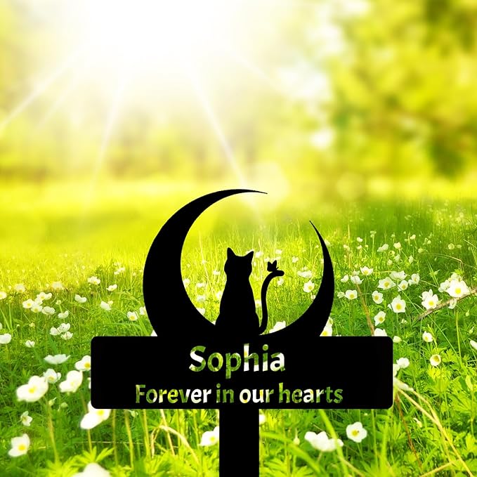 Personalized Moon Cat Memorial Grave Marker, Custom Cat Memorial Stake Grave Marker, Customized Moon and Cat Stake Metal Cat Grave Marker Pet Memorial Grave Sign Garden Plaque
