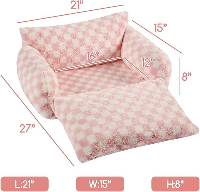Hollypet Cat Bed Fluffy Plush Mutifuctional Double-Layer Soft Pet Couch Orthopedic Sofa Nest Beds for Small Cats and Dogs, Pink and White (21x15x8 inch)