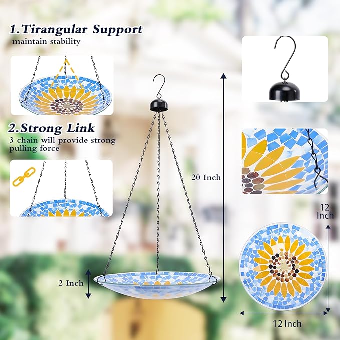 MUMTOP Mosaic Hanging Bird Bath-Bird Baths for Outdoors - 12 Inch Glass Birdbath Bird Water Bowl Bird Feeders for Outside, Garden, Lawn Yard Decor（Sunflower）