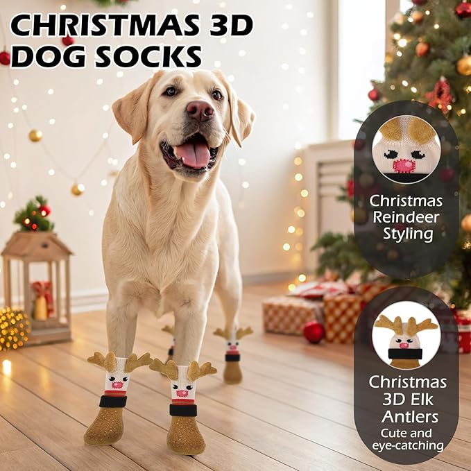EXPAWLORER Christmas Anti Slip Dog Socks to Prevent Licking Paws, Boots & Paw Protectors with Grippers,Doggie Booties for Hardwood Floors for Small Medium Large Senior Dogs Lifelike Costume Reindeer L