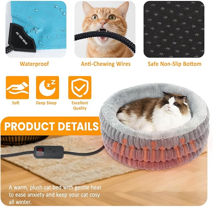 Heated Cat Bed Indoor, 20" Round Donut Deep Sleep Calming Heated Pet Beds for Cats and Small Dogs, Comfort Electric Thermal Cat Warming Bed with Adjustable Heating Pad, Washable and Indoor Use
