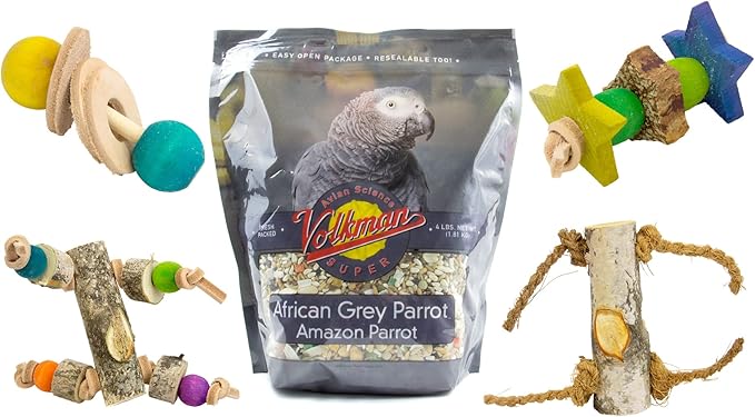 Volkman Avian Science Super African Gray Parrot Food with Foot Toys for Large Birds, Bird Food African Grey Parrot Treats with Foot Roller - 4 Lbs. (1Toy, Toys May Vary)