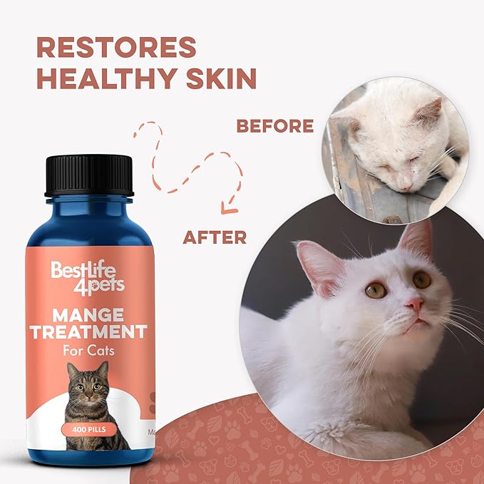 Mange Support for Cats, Natural Ear Mite & Cat Itchy Skin Relief, Relieves Welts, Scabs, Red and Flaky Skin, Shedding, Patchy Fur and Excessive Grooming, Total Cat Skin and Coat Care, 400 Tiny Pills