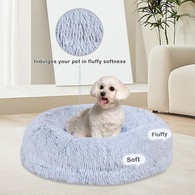 Calming Donut Pet Bed for Cats and Small Dogs, Washable Anti-Anxiety Round Bed with Non-Slip Bottom, [23.62 x 23.62 x 5.9 Inch] Plush Dog Cat Bed for Small Medium Pets (Gray)