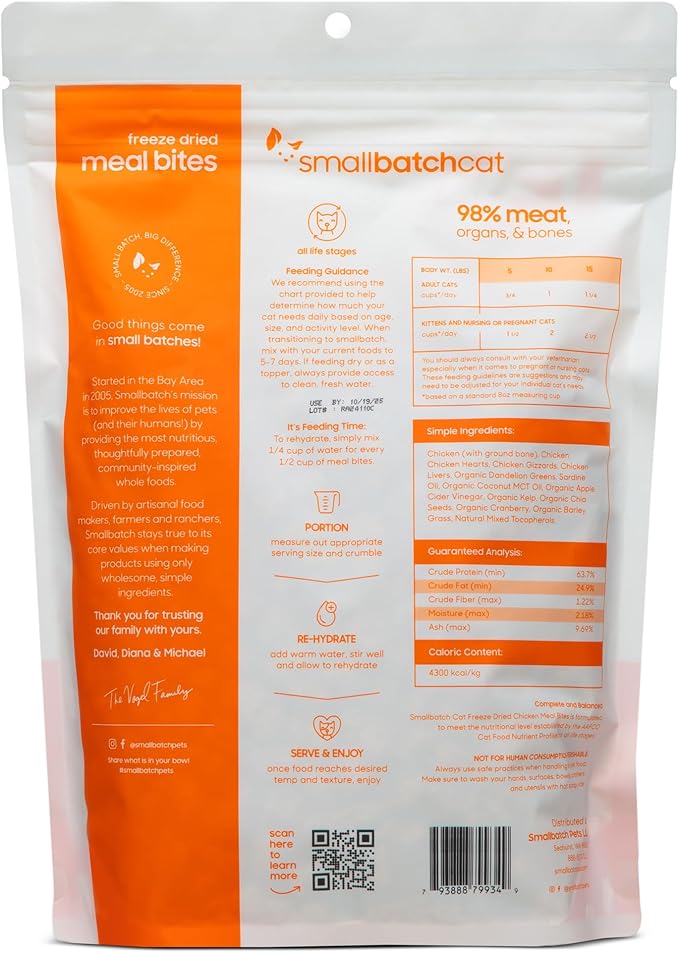 Freeze-Dried Raw Cat Food, Shelf Stable Food Bites, Chicken Recipe, High Protein Meal or Topper for Cats, Humanely Raised Meat, Organic, Non-GMO Produce, Made in The USA, 10oz Bag