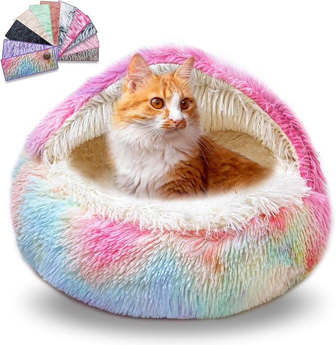 Dazzle Calming Dog & Cat Cave Bed with Washable, Anti-Slip Faux Fur Cover, Comfortable Warming Pet Bed for Small Medium Pets (24 * 24 inch)