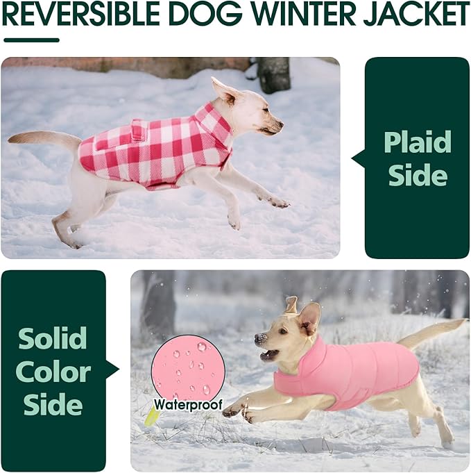 Kuoser Dog Winter Coat, Windproof Dog Fleece Jacket British Style Plaid Cold Weather Doggie Vest Coats, Reversible Cozy Warm Puppy Clothes Pet Apparel for Small Dogs XS