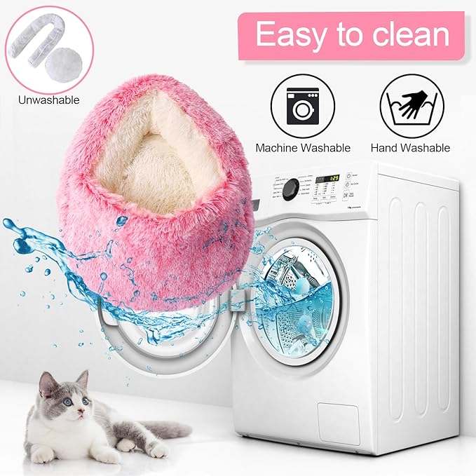 Calming Dog Beds with Hooded Cat Cave Cover - Removable, Washable Round Beds for Small to Medium Pets, Anti-Slip Faux Fur Fluffy Cover for Improved Sleep - Fits up to 15/25 lbs (Pink, M)