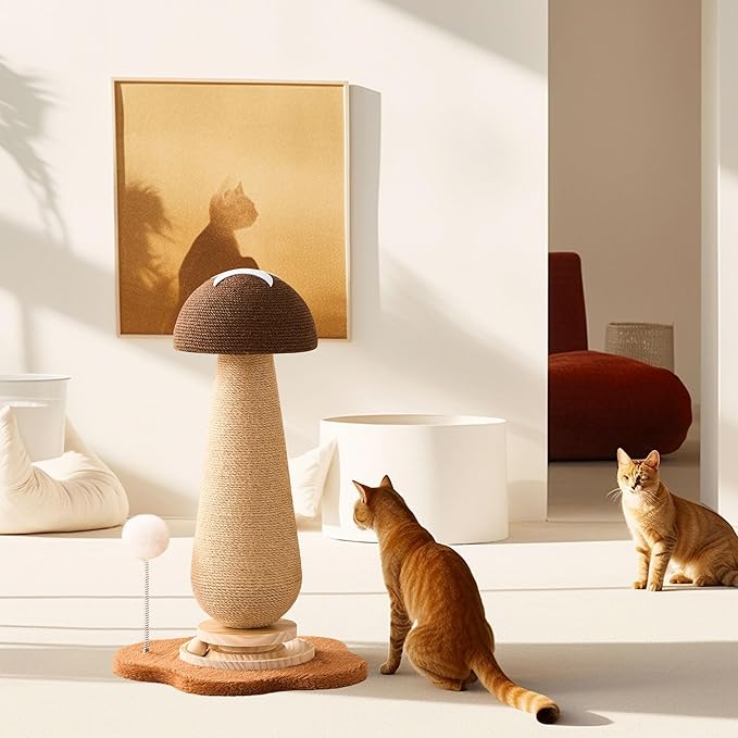 21.5‘’ H Cat Scratching Post with Catnip,Cute Mushroom Cat Scratcher Post with Durable Natural Solid Wood Turntable Toy,Acorn Brown Mushroom Shape Cat Toy Cat Sisal Scratcher for Indoor Cats