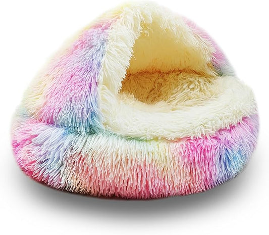 ShinHye Cat Bed Round Plush Fluffy Hooded Cat Bed Cave, Cozy for Indoor Cats or Small Dog beds, Soothing Pet Beds Doughnut Calm Anti-nxiety Dog Bed - Waterproof Bottom Washable (23×23inch, Multicolor)