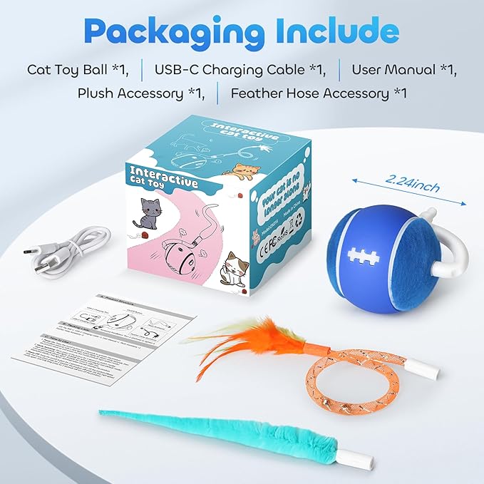 Interactive Cat Toy Ball, Automatic Cat Toys for Indoor Cats, Motion Activated Kitten Toys with 2 Replacement Tails, 3 Modes, USB Rechargeable, Moving Cat Toys for Enrichment Exercise(Blue)