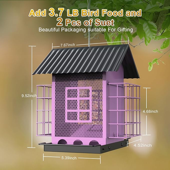 Bird Feeders for Outdoors Hanging, Metal Bird Feeder with Double Suet Cage Cake, Large Capacity, Birdfeeders Sturdy & Weatherproof, Easy to Clean & Refill, Great for Attracting Wild Birds