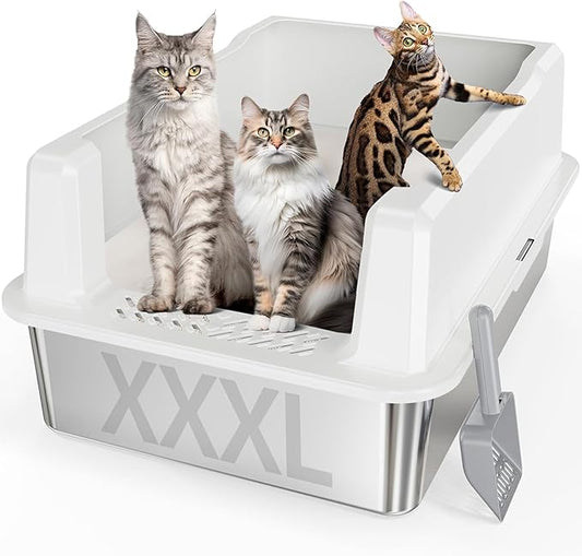 Extra Large XXL Stainless Steel Cat Litter Box with Lid, 26" L x 18" W x 12" H Metal Litter Box with Hight Sides for Big Cats & Multiple Cats, Never Absorbs Odors, Anti-Urine Leakage, Easy Cleaning