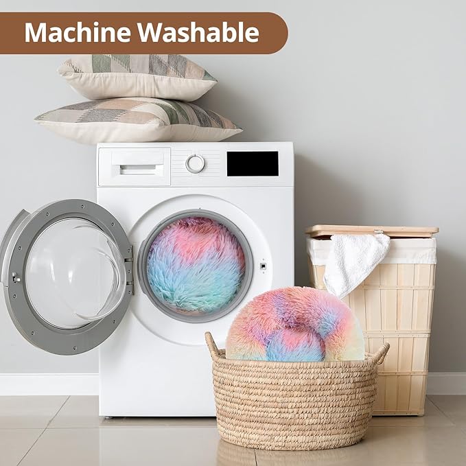 JOLLYVOGUE Calming Dog & Cat Bed for Small Dogs, Anti-Anxiety Donut Cuddler Cozy Soft Round Bed with Anti-Slip Bottom, Fluffy Faux Fur Plush Cushion Beds for Small Medium Dogs, 20"/Rainbow