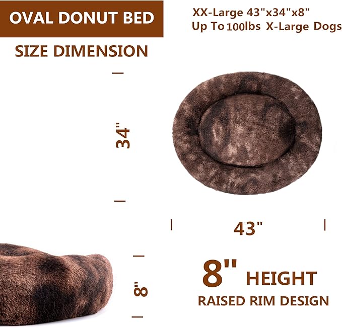Coohom Oval Calming Donut Cuddler Dog Bed,Shag Faux Fur Cat Bed Washable Round Pillow Pet Bed(30"/36") for Small Medium Dogs (XXL(43"x34"x8"), Brown2021)