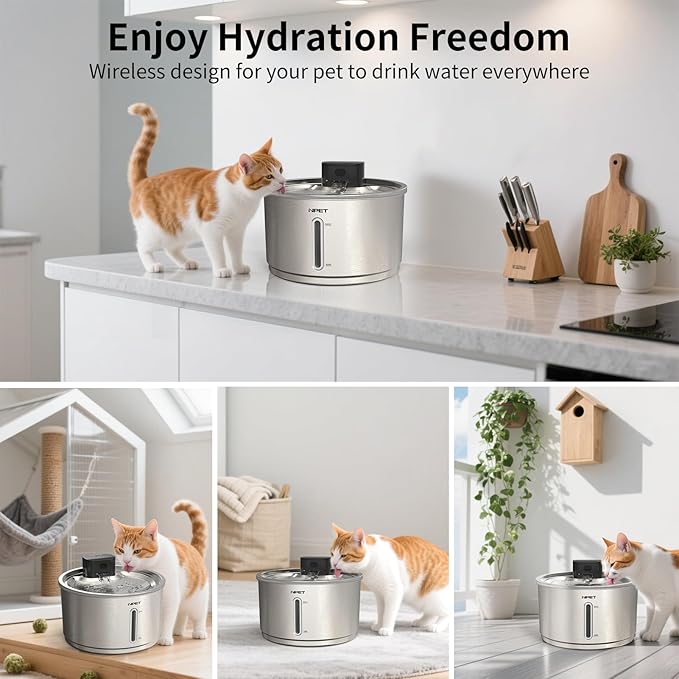 NPET Stainless Steel Wireless Cat Fountain, 1Gallon/135oz Battery Operated Automatic Pet Drinking Fountain - Cordless Dog Water Dispenser with Water Level Window for Cats Indoor