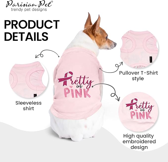 Parisian Pet Dog Tshirt - Embroidered “ Pretty in Pink “ Girl Dogs Apparel - Breathable and Lightweight Dog Clothes - Sleeveless Doggy Tee Shirts - Machine Washable Shirt for Large Dogs - 3XL