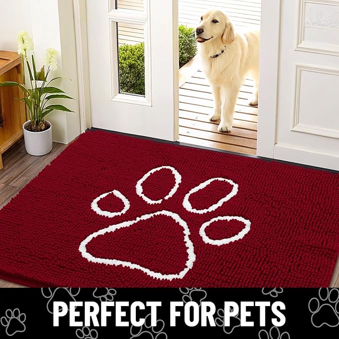Smiry Dog Door Mat for Muddy Paws, Absorbent Dirt Trapper Non Slip Quick Dry Washable Chenille Mat for Mud Dogs, Entry Rug for Indoor and Outdoor (30x20 Inches, Red)
