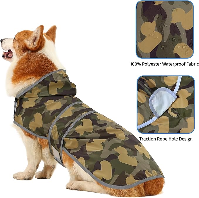 Dog Raincoat for Medium Dogs Waterproof Hooded Rain Jacket with Reflective Strips Leash Hole & Poncho Adjustable Fit (CamoDuck,L)