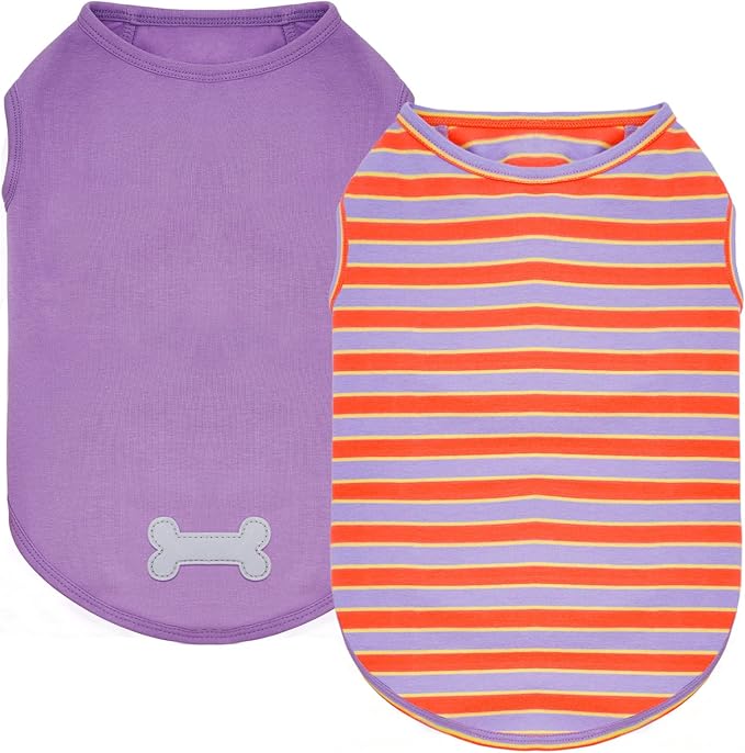 KYEESE 2Pack Dog Shirts Small Tee Soft for Small Dogs Striped T Shirt Lightweight Sleeveless Vest Cotton Tank Top Clothes, Large,Purple+Orange Striped