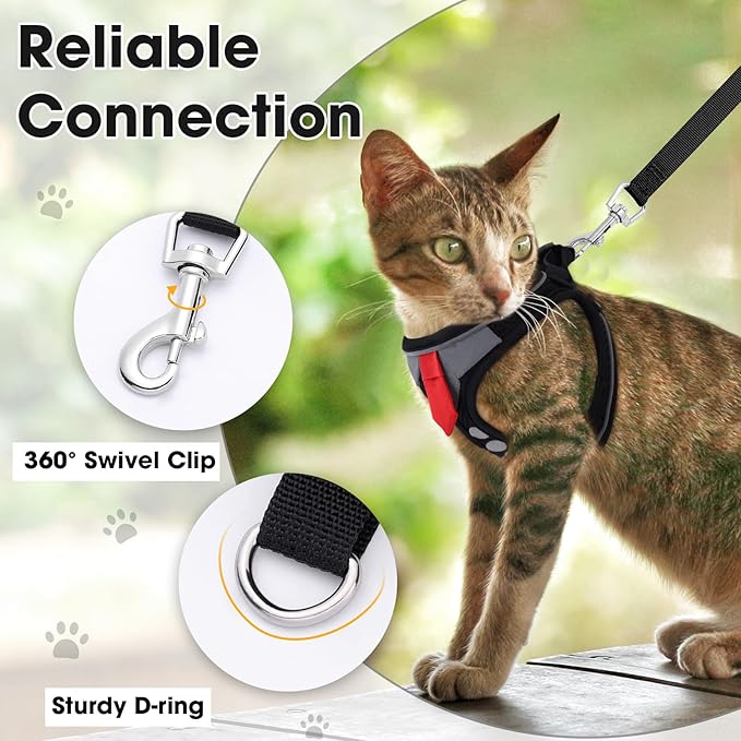 Cat Harness and Leash Set for Walking Escape Proof, Soft Adjustable Kitten Harness Breathable Mesh with Reflective Strips Harness for Kitty Puppy Bunny (Black, Medium)
