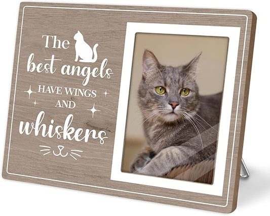 Cat Picture Frame, Cat Memorial Wooden Photo Frame, Pet Remembrance Gift, Sympathy Gift for Pet Owner, Cat Memorial Gifts for Loss of Cat, The Best Angels Have Wings and Whiskers (Gray, 4 x 6 Photo)
