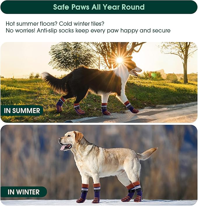 Kuoser Non Slip Dog Socks for Hardwood Floors, 4Pack Anti-Slip Dog Grippy Socks to Prevent Licking Paws, Dogs Booties Paw Protectors with Double-Sided Traction for Small Medium Large Senior Dogs, S