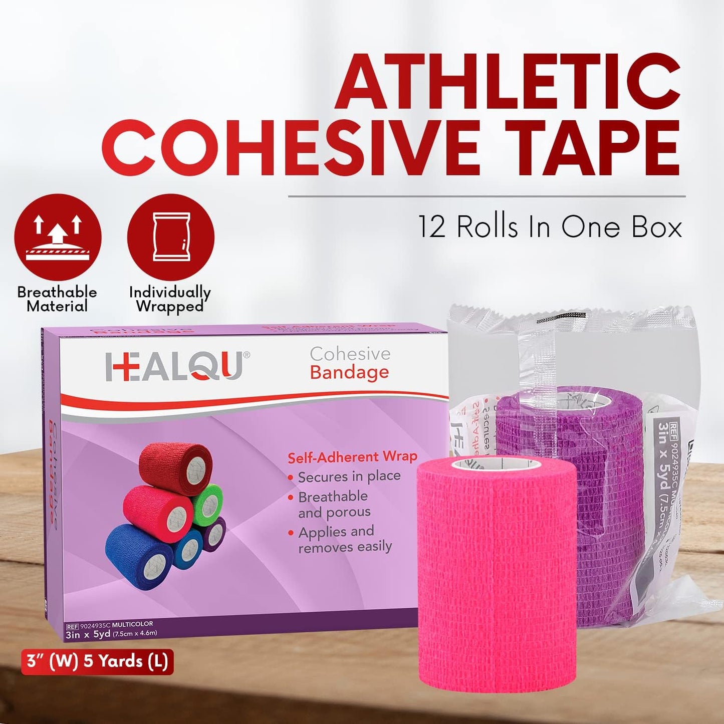 HEALQU Self Adhesive Bandage Wrap – Cohesive Tape for Athletic and Sports 3”x5yd, 12 Rolls - Self Adherent Medical Tape, Flexible, Elastic Bandages Multicolor for Wrist & Ankle Vet Wrap for Dogs