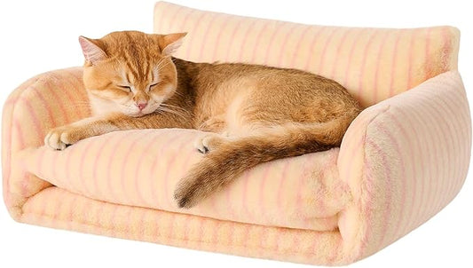 Hollypet Cat Bed Fluffy Plush Mutifuctional Double-Layer Soft Pet Couch Orthopedic Sofa Nest Beds for Small Cats and Dogs, Pink Stripes (21x15x8 inch)