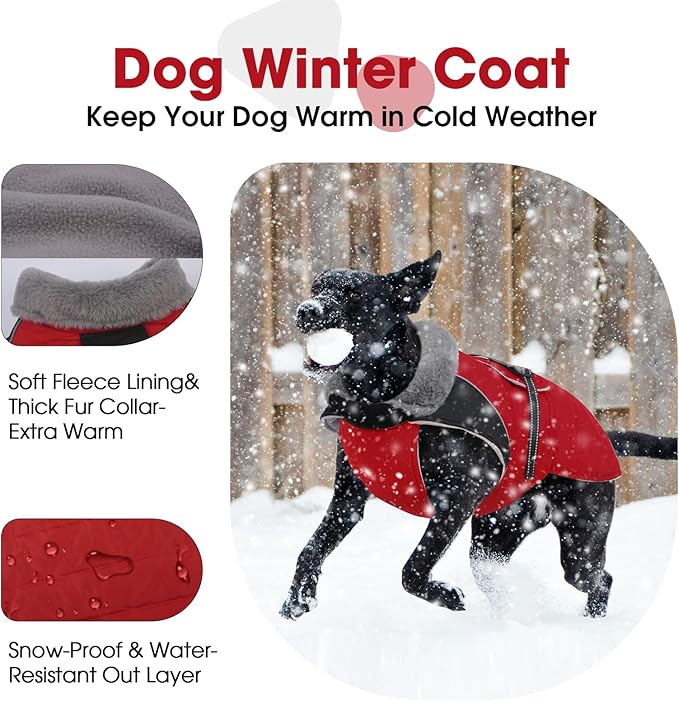 Nanaki Large Dog Coats for Winter Waterproof, Warm Fleece Lining Reflective Large Dog Jacket with Leash Hole,Furry Collar Cold Weather Puppy Jacket Outdoor Walking Hunting Easy On Pet Snow, Red 2XL
