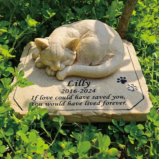 Personalized Cat Memorial Stones Cat Memorial Statue Cat Headstone for Grave Cat Tombstones Pet Loss of Cat Sympathy Gift Home Yard Garden Decor, 8”L x 6.5”W x 3.5”H (Personalized Cat B)