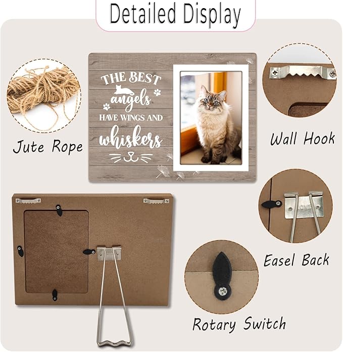 Cats Memorial Picture Frame,The Best Angels Have Wings and Whiskers,Wooden Pet Remembrance Gift for Cat Owners, Sympathy Gift for Loss of a Cat(4 x 6 Photo)