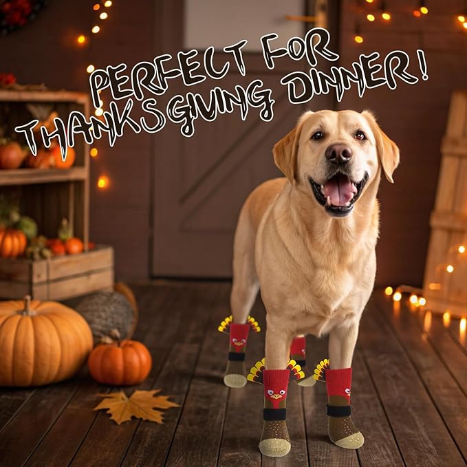 EXPAWLORER Thanksgiving Anti Slip Dog Socks to Prevent Licking Paws,Boots & Paw Protectors with Grippers,Doggie Booties for Hardwood Floors for Small Medium Large Senior Dogs Lifelike Costume Turkey S