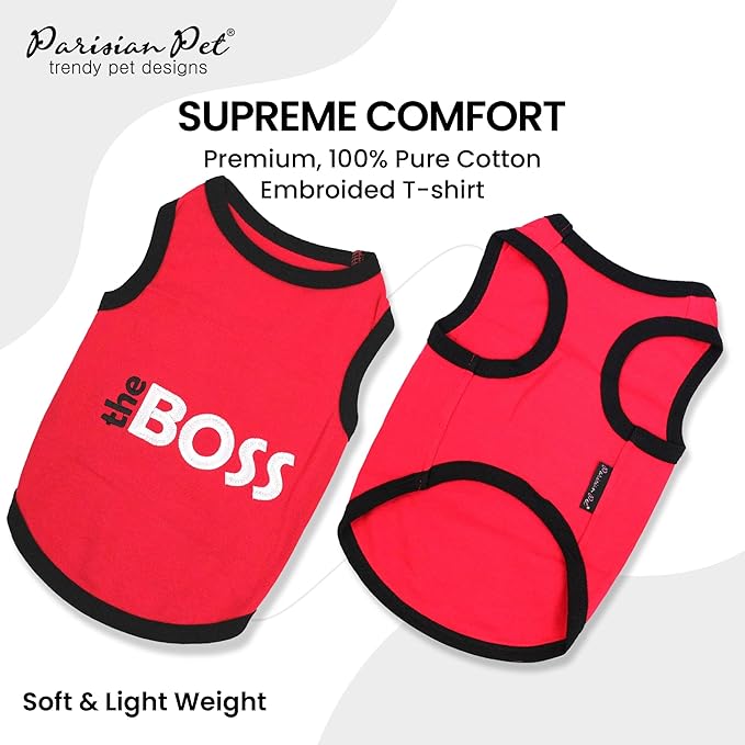 Parisian Pet Dog T-Shirt with Embroidered 'The Boss' - Lightweight Dogs Clothes - Sleeveless Dog Outfit Boss - Shirts for Small Dogs, S