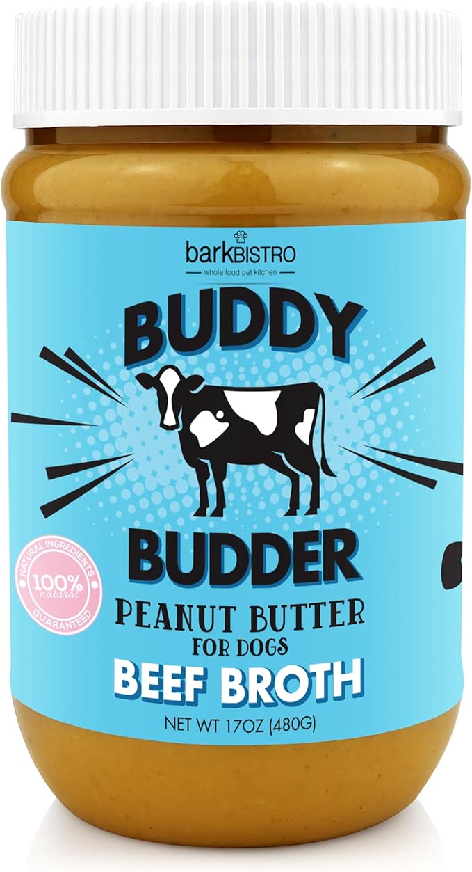 BUDDY BUDDER Beef Broth, 100% Natural Dog Peanut Butter, Peanut Butter Treat, Made in USA (17oz)