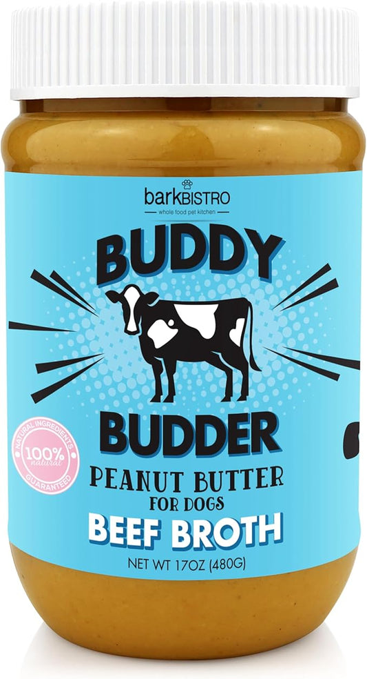 BUDDY BUDDER Beef Broth, 100% Natural Dog Peanut Butter, Peanut Butter Treat, Made in USA (17oz)