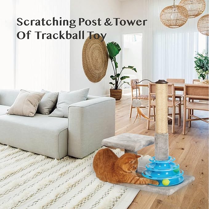 PEEKAB Cat Scratching Post Kitten Sisal Scratcher Tree with Tracks Toy Balls for Indoor Cats and Kittens 25 inches