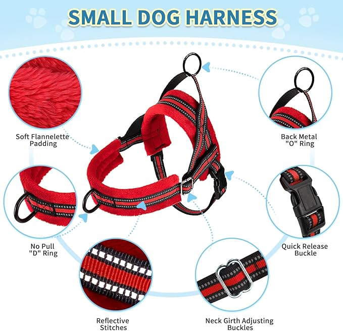 SlowTon No Pull Small Dog Harness and Leash Set, Puppy Soft Vest Harness Neck & Chest Adjustable, Reflective Lightweight Harness & Anti-Twist Pet Lead Combo for Small Medium Dogs (R-Front Clip,XXS)