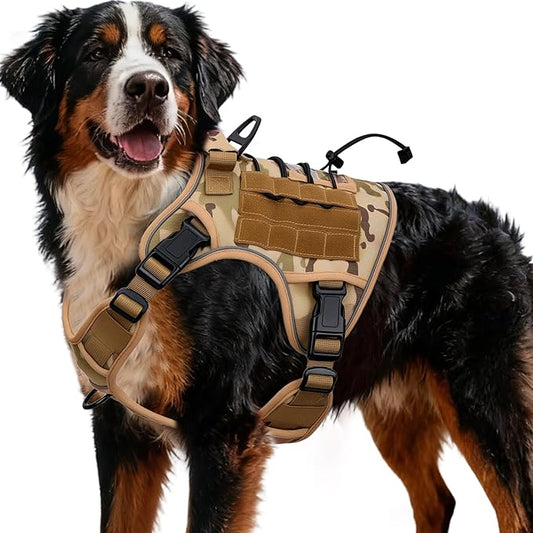 Heavy-Duty Tactical Dog Harness for Large Dogs, No Pull Adjustable Reflective Pet Vest with Molle System, K9 Military-Grade Control for Service Training, Outdoor & 10+ Breeds, Desert Camo, XX-Large